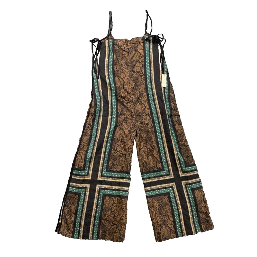 Anthropologie Jumpsuit Womens S Small Multi Printed Wide Linen Slit Hem Pockets